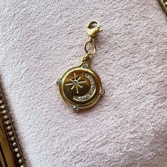 Moon & Star Charm Pendant 18k Gold PVD Stainless Steel Micro Crystals w/ Clasp - Picture 2 of 13